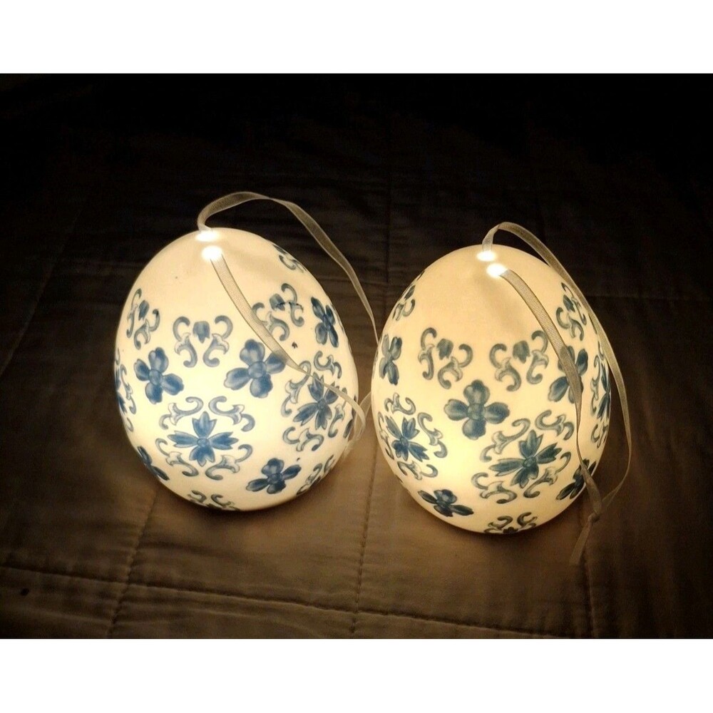 Valerie Parr Hill D Blue & White 2 Timed Illumination 3.5" Damask Porcelain Eggs